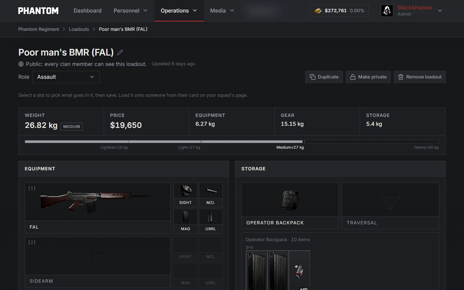 The loadout builder in the Phantom clan tools